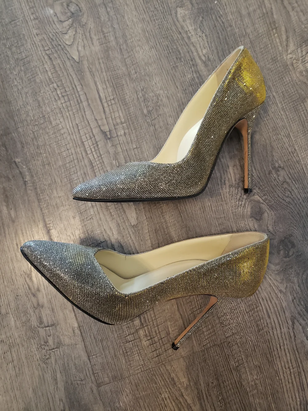 Sarah Flint Silver Glitter Pointed Toe Stilettos with Gold Edge